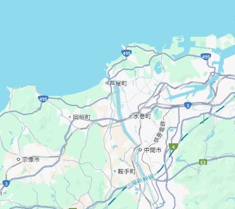 遠賀郡、中間市、鞍手町、北九州市、宗像市の地図